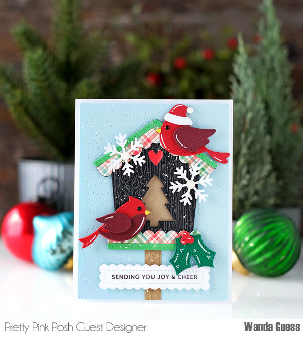 pretty pink posh, pretty pink posh stamps and dies, pretty pink posh holiday new release, christmas cards, winter, holiday, stamping, card ideas, christmas card ideas, pretty pink posh holiday birds, pierced snowflakes, pretty pink posh candy cane stencil, eyelet rectangles, wanda guess, a blog called wanda, blog hop, make your own christmas cards