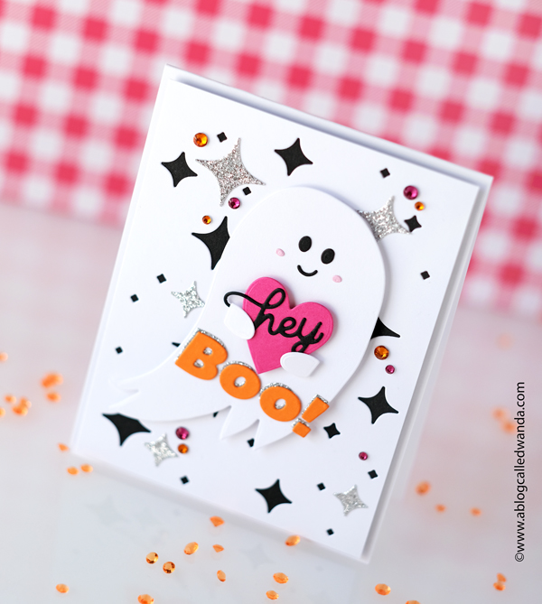 halloween card, halloween stamps and dies, halloween diy, make your own halloween card, swig halloween tumbler, hey boo, stamp market halloween, stamp market ghost, stamp market cat shaker, wanda guess, a blog called wanda