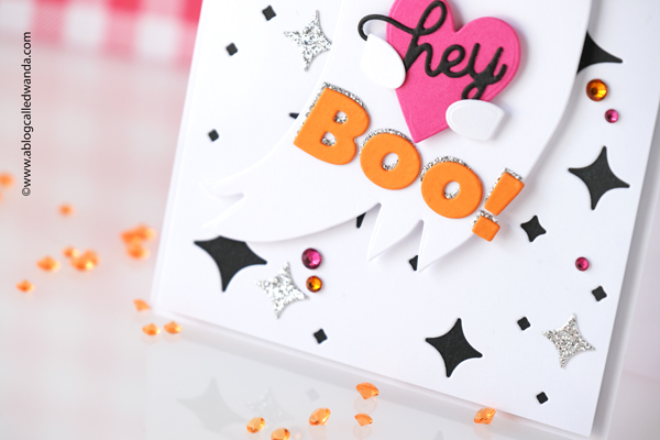 halloween card, halloween stamps and dies, halloween diy, make your own halloween card, swig halloween tumbler, hey boo, stamp market halloween, stamp market ghost, stamp market cat shaker, wanda guess, a blog called wanda