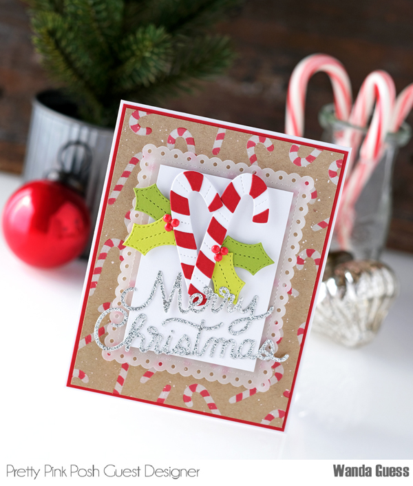 pretty pink posh, pretty pink posh stamps and dies, pretty pink posh holiday new release, christmas cards, winter, holiday, stamping, card ideas, christmas card ideas, pretty pink posh holiday birds, pierced snowflakes, pretty pink posh candy cane stencil, eyelet rectangles, wanda guess, a blog called wanda, blog hop, make your own christmas cards