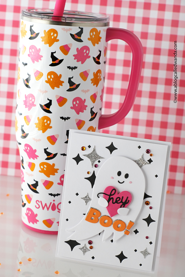 halloween card, halloween stamps and dies, halloween diy, make your own halloween card, swig halloween tumbler, hey boo, stamp market halloween, stamp market ghost, stamp market cat shaker, wanda guess, a blog called wanda