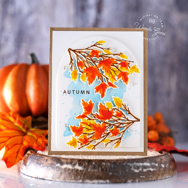 The greetery stamps and dies, the greetery A2 Arches Dies, the greetery Blessed Blooms Stamp Set, the greetery Autumn Skeches, Watercolor Paper, Distress Inks, fall card ideas, thanksgiving cards, autumn cards, leaves stamps and dies, diy, make your own fall crafts, wanda guess, a blog called wanda