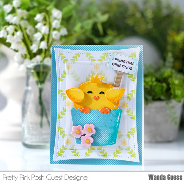 pretty pink posh, pretty pink posh stamps and dies, pretty pink posh new release, easter, spring, rabbit, bunny, easter chick, eggs, big easter cupcake, trellis stencil, sentiment strips, bunny face shaker, easter card ideas, easter party, easter crafts, wanda guess, a blog called wanda