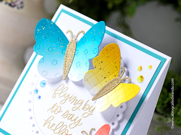 pretty pink posh, pretty pink posh stamps and dies, pretty pink posh butterflies, new release, stitched butterflies, eyelet circles, beautiful butterflies, ink blending, butterfly card ideas, stamping, embossing, clean and simple card ideas, die cutting, summer, spring, wanda guess, a blog called wanda