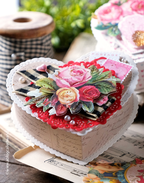 valentine's day, valentine crafts, concord and 9th happy heart box, die cuts, vintage, vintage valentine, handmade valentines, valentine craft ideas, heart boxes, handmade, crafts, vintage style crafts, anna griffin flowers, anna griffin stickers, party favors, wedding, shower, wanda guess, a blog called wanda