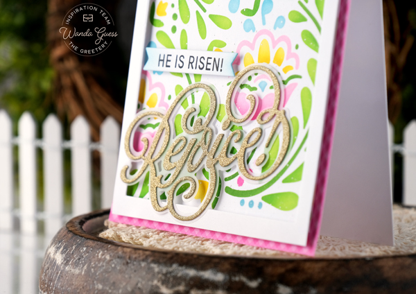 the greetery, the greetery stamps and dies, the greetery easter, the greetery fall folk stencils, the greetery arches, the greetery rejoice, easter card, easter ideas, crafting, handmade, easter card ideas, stencils, gingham, wanda guess, a blog called wanda
