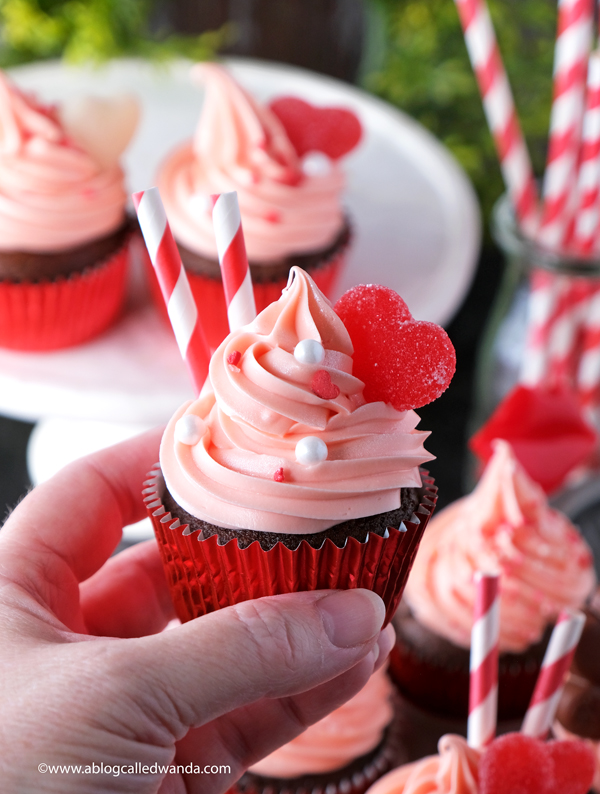 cupcakes, cupcake ideas, valentine's day treats, valentine cupcakes, betty crocker cupcakes, buttercream frosting, pink cupcakes, chocolate, homemade treats, easy desserts, party ideas, party favors, valentine party ideas, wanda guess, a blog called wanda