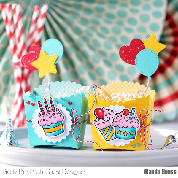 pretty pink posh, pretty pink posh stamps and dies, blog hop, birthday cards, birthday card ideas, copic markers, treat boxes, party ideas, favors, handmade, scrapbooking, birthday party, pretty pink posh party balloons dies, pretty pink posh big birthday cupcake, pretty pink posh pierced stars, pretty pink posh birthday ideas, stamping, wanda guess, a blog called wanda