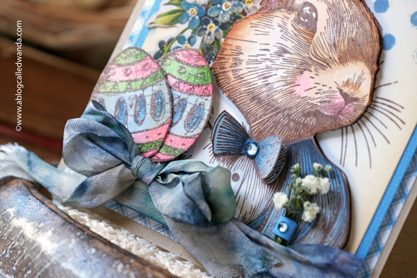 easter, easter card, easter rabbit, tim holtz stamps, tim holtz mr. rabbit, stamp set, vintage crafting, diy, handmade, rubber stamps, easter crafts, tim holtz card ideas, vintage cards, stampers anonymous, tim holtz crazy talk stamp set, tim holtz rock candy glitter, tim holtz mini blueprints, sizzix, sizzix vintage labels, tim holtz botanical ephemera, tim holtz crinkle ribbon, distress inks, wanda guess, a blog called wanda