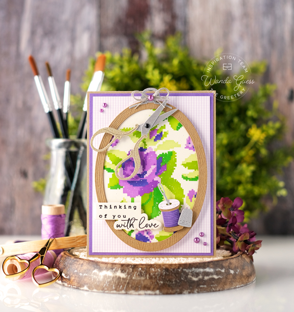 the greetery, the greetery rose tapestry stencil, the greetery hoops, cross stitch, the greetery notionable dies, the greetery sign off sentiments, stencils, gingham, friendship card, handmade card ideas, floral card, stamps and dies, wanda guess, a blog called wanda