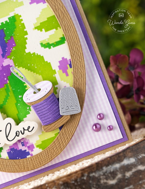 the greetery, the greetery rose tapestry stencil, the greetery hoops, cross stitch, the greetery notionable dies, the greetery sign off sentiments, stencils, gingham, friendship card, handmade card ideas, floral card, stamps and dies, wanda guess, a blog called wanda