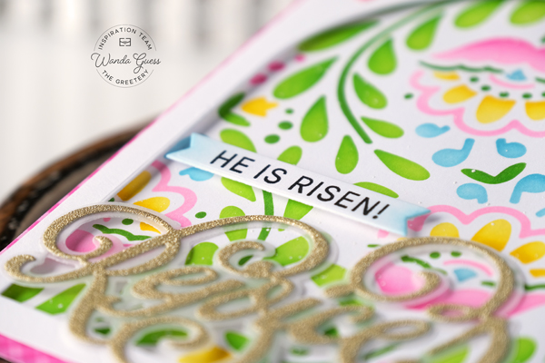 the greetery, the greetery stamps and dies, the greetery easter, the greetery fall folk stencils, the greetery arches, the greetery rejoice, easter card, easter ideas, crafting, handmade, easter card ideas, stencils, gingham, wanda guess, a blog called wanda