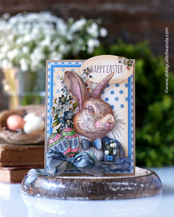 easter, easter card, easter rabbit, tim holtz stamps, tim holtz mr. rabbit, stamp set, vintage crafting, diy, handmade, rubber stamps, easter crafts, tim holtz card ideas, vintage cards, stampers anonymous, tim holtz crazy talk stamp set, tim holtz rock candy glitter, tim holtz mini blueprints, sizzix, sizzix vintage labels, tim holtz botanical ephemera, tim holtz crinkle ribbon, distress inks, wanda guess, a blog called wanda