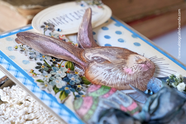 easter, easter card, easter rabbit, tim holtz stamps, tim holtz mr. rabbit, stamp set, vintage crafting, diy, handmade, rubber stamps, easter crafts, tim holtz card ideas, vintage cards, stampers anonymous, tim holtz crazy talk stamp set, tim holtz rock candy glitter, tim holtz mini blueprints, sizzix, sizzix vintage labels, tim holtz botanical ephemera, tim holtz crinkle ribbon, distress inks, wanda guess, a blog called wanda