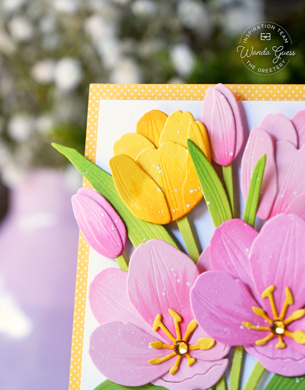 the greetery, the greetery stamps and dies, the greetery tulips, handmade card, spring card ideas, the greetery all tied up dies, the greetery all occasion stamps, tulip card, wanda guess, a blog called wanda