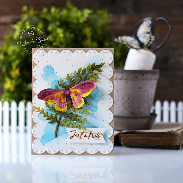 the greetery, the greetery stamps and dies, the greetery fern, the greetery butterfly, the greetery scallops, watercolor card ideas, butterfly card ideas, distress inks, water brush, notecard, handmade cards, wanda guess, a blog called wanda