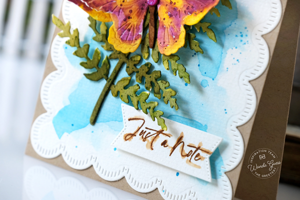 the greetery, the greetery stamps and dies, the greetery fern, the greetery butterfly, the greetery scallops, watercolor card ideas, butterfly card ideas, distress inks, water brush, notecard, handmade cards, wanda guess, a blog called wanda