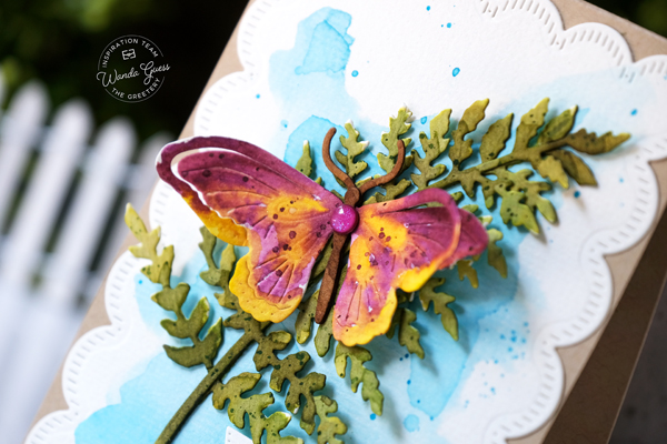 the greetery, the greetery stamps and dies, the greetery fern, the greetery butterfly, the greetery scallops, watercolor card ideas, butterfly card ideas, distress inks, water brush, notecard, handmade cards, wanda guess, a blog called wanda