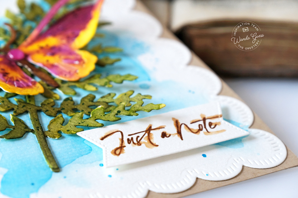 the greetery, the greetery stamps and dies, the greetery fern, the greetery butterfly, the greetery scallops, watercolor card ideas, butterfly card ideas, distress inks, water brush, notecard, handmade cards, wanda guess, a blog called wanda