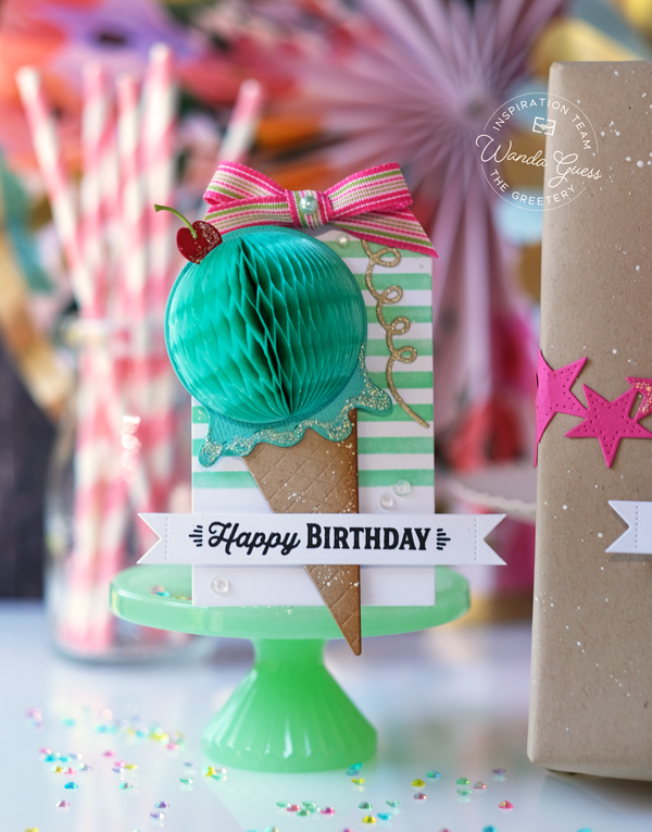 the greetery, the greetery stamps and dies, the greetery honeycomb, birthday card ideas, birthday gift ideas, tags, handmade, tag team duo the greetery, make your own birthday, party ideas, handmade gifts, kraft wrapping, honeycomb balls, stencils, wanda guess, a blog called wanda