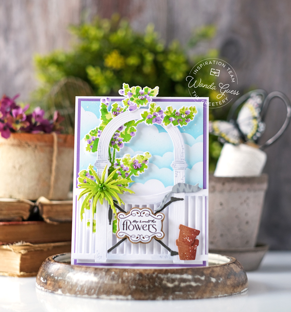 the greetery, the greetery stamps and dies, the greetery garden party, the greetery new release, the greetery lemon, the greetery sippin summer, the greetery wisteria, the greetery gateway, flowers, handmade cards, card ideas, summer, stencils, crafting, wanda guess, a blog called wanda, greetery design team