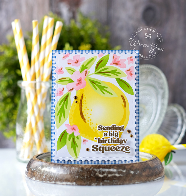 the greetery, the greetery stamps and dies, the greetery garden party, the greetery new release, the greetery lemon, the greetery sippin summer, the greetery wisteria, the greetery gateway, flowers, handmade cards, card ideas, summer, stencils, crafting, wanda guess, a blog called wanda, greetery design team