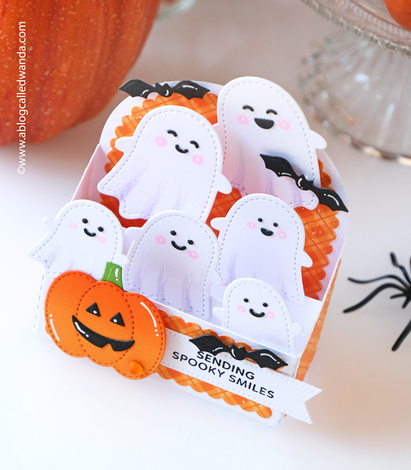 pretty pink posh, pretty pink posh halloween, stamps and dies, cards, card ideas, halloween cards ideas, bat shaker, candy bucket, bright, ink blending, wanda guess, a blog called wanda, pop up card, stitched ghosts