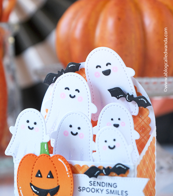 pretty pink posh, pretty pink posh halloween, stamps and dies, cards, card ideas, halloween cards ideas, bat shaker, candy bucket, bright, ink blending, wanda guess, a blog called wanda, pop up card, stitched ghosts