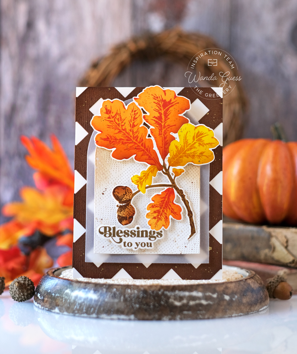 The greetery, the greetery stamps and dies, the greetery autumn air, fall, leaves, thanksgiving, gratitude, ink blending, handmade cards ideas, the greetery autumn crest, the greetery oakwood, stencils, the greetery mums the word, thanksgiving cards, fall cards, wanda guess, a blog called wanda