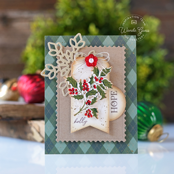 the greetery, the greetery stamps and dies, the greetery vintage, christmas, holiday, speed tagging, holly, argyle, handmade christmas cards, stamps and dies, wanda guess, a blog called wanda