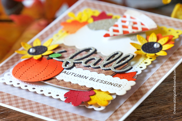 Pretty pink posh, pretty pink posh stamps and dies, pretty pink posh cupcake dies, pretty pink posh autumn, fall, handmade card, gingham, thanksgiving, card ideas, die cuts, fall card ideas, sentiment strips dies, wanda guess, a blog called wanda