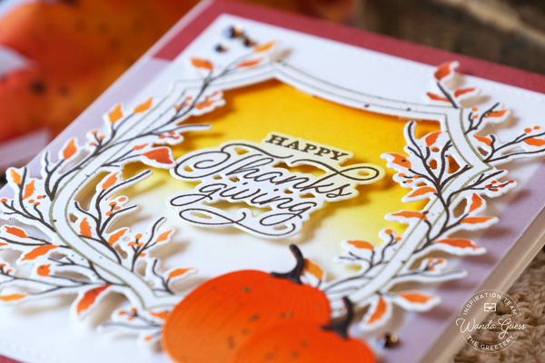 The greetery, the greetery stamps and dies, the greetery autumn air, fall, leaves, thanksgiving, gratitude, ink blending, handmade cards ideas, the greetery autumn crest, the greetery oakwood, stencils, the greetery mums the word, thanksgiving cards, fall cards, wanda guess, a blog called wanda