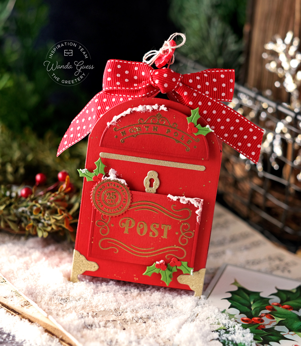 the greetery, the greetery stamps and dies, the greetery fireside collection, the greetery christmas, holiday, winter, mailbox, letter, dear santa, christmas card ideas, christmas treat holders, the greetery cards, the greetery ribbon frame, flourished phrases, holiday peace, diy, classic christmas crafts, wanda guess, a blog called wanda