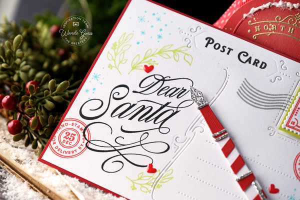 the greetery, the greetery stamps and dies, the greetery fireside collection, the greetery christmas, holiday, winter, mailbox, letter, dear santa, christmas card ideas, christmas treat holders, the greetery cards, the greetery ribbon frame, flourished phrases, holiday peace, diy, classic christmas crafts, wanda guess, a blog called wanda