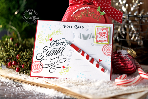 the greetery, the greetery stamps and dies, the greetery fireside collection, the greetery christmas, holiday, winter, mailbox, letter, dear santa, christmas card ideas, christmas treat holders, the greetery cards, the greetery ribbon frame, flourished phrases, holiday peace, diy, classic christmas crafts, wanda guess, a blog called wanda