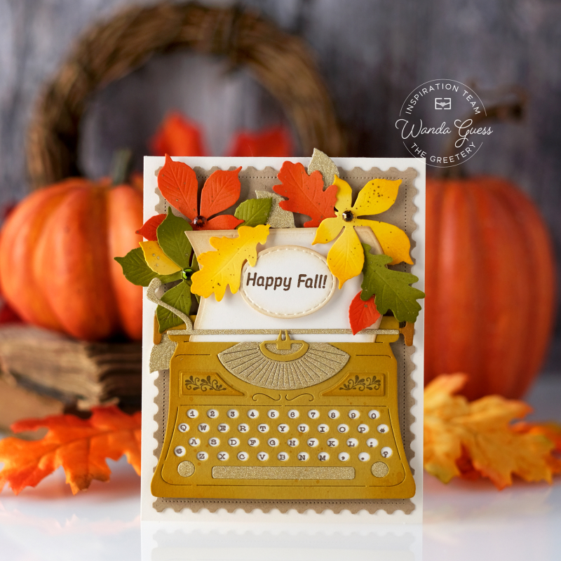 the greetery, the greetery stamps and dies, the greetery vintage type, fall card, autumn card, leaves, typewriter card, vintage, retro, handmade card, wanda guess, a blog called wanda