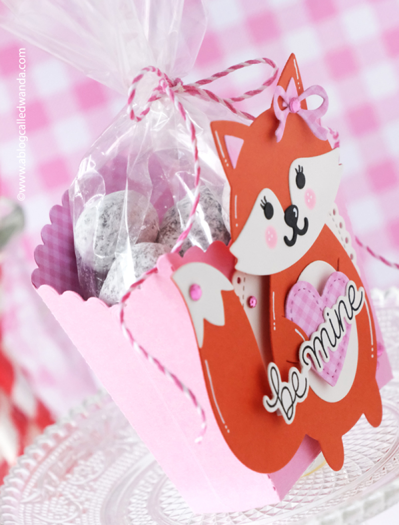 pretty pink posh, pretty pink posh stamps and dies, pretty pink posh valentine, valentine crafts, treat box, fox, heart, fringe heart, party box, handmade valentines, diy, wanda guess, a blog called wanda