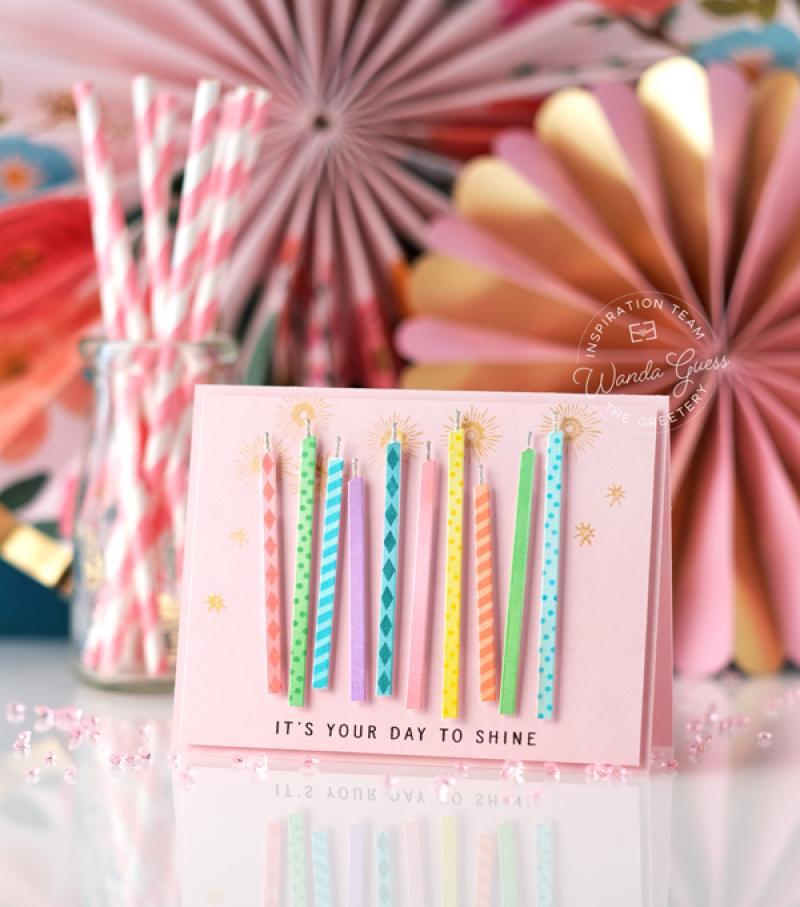 the greetery, the greetery stamps and dies, the greetery make a wish, birthday card ideas, the greetery all aglow, pink, candles, clean and simple card ideas, wanda guess, a blog called wanda