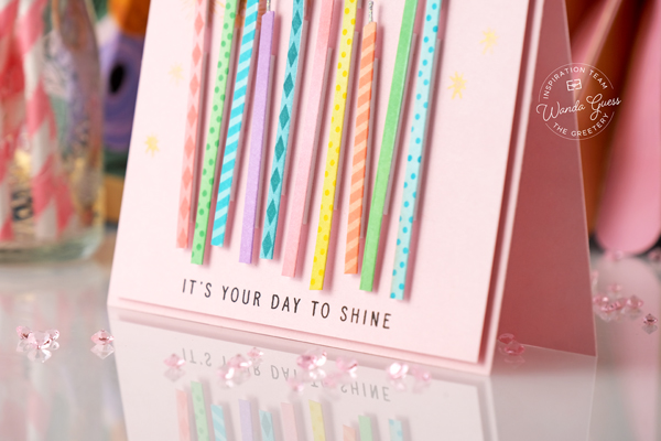 the greetery, the greetery stamps and dies, the greetery make a wish, birthday card ideas, the greetery all aglow, pink, candles, clean and simple card ideas, wanda guess, a blog called wanda