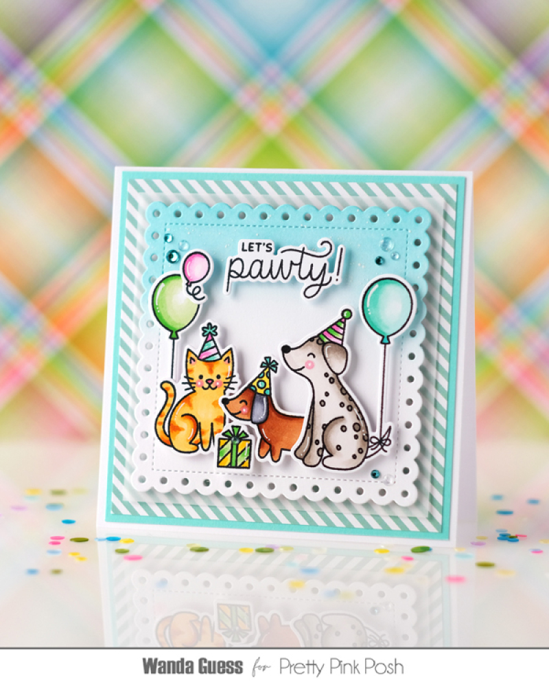 pretty pink posh, pretty pink posh stamps and dies, pretty pink posh birthday, birthday card ideas, copic markers, handmade card ideas, ink blending, dogs and cats, wanda guess, a blog called wanda