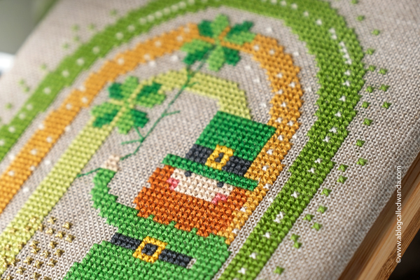 cross stitch, st. patrick's day, st patricks day cross stitch, brenda gervais, fat quarter shop, shamrock, clover, leprechaun, aida, dmc, cross stitch finishing, ffo, floss tube, wanda guess, a blog called wanda