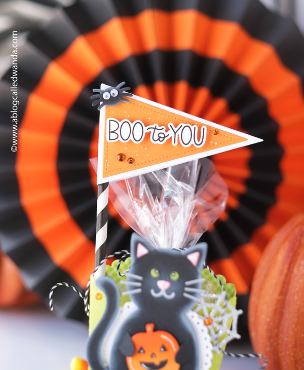 pretty pink posh, pretty pink posh stamps, halloween cards, halloween treats, treat box, pretty pink posh fringe pumpkin, cat holder, wanda guess, a blog called wanda, halloween card ideas