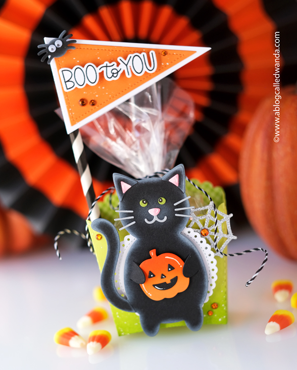 pretty pink posh, pretty pink posh stamps, halloween cards, halloween treats, treat box, pretty pink posh fringe pumpkin, cat holder, wanda guess, a blog called wanda, halloween card ideas