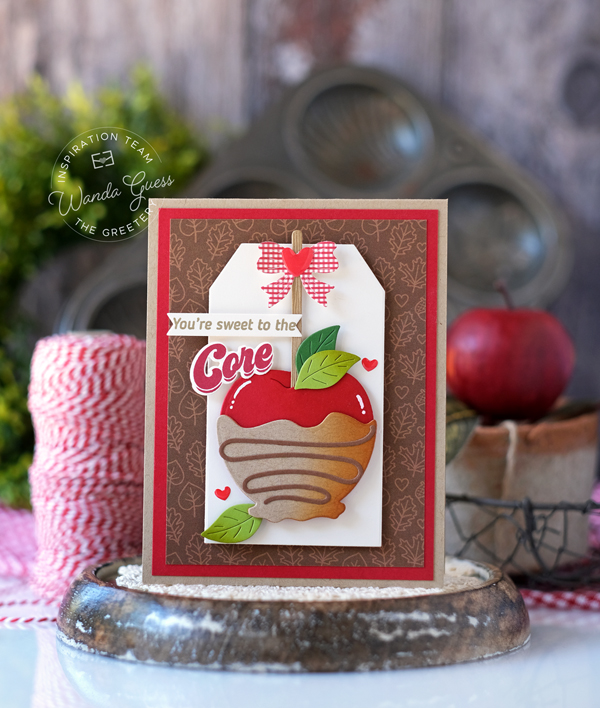 the greetery, the greetery stamps and dies, the greetery caramel apple, the greetery fall, autumn crafts, handmade cards, fall card ideas, cards with apples, gingham, wanda guess, a blog called wanda, the greetery fall foodie phrases.