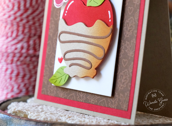 the greetery, the greetery stamps and dies, the greetery caramel apple, the greetery fall, autumn crafts, handmade cards, fall card ideas, cards with apples, gingham, wanda guess, a blog called wanda, the greetery fall foodie phrases.