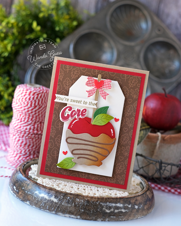 the greetery, the greetery stamps and dies, the greetery caramel apple, the greetery fall, autumn crafts, handmade cards, fall card ideas, cards with apples, gingham, wanda guess, a blog called wanda, the greetery fall foodie phrases.