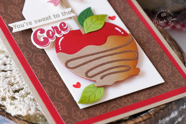 the greetery, the greetery stamps and dies, the greetery caramel apple, the greetery fall, autumn crafts, handmade cards, fall card ideas, cards with apples, gingham, wanda guess, a blog called wanda, the greetery fall foodie phrases.