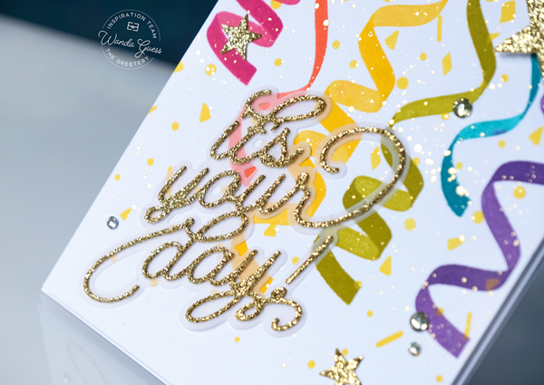 the greetery, the greetery stamps and dies, the greetery birthday ideas, birthday card ideas, the greetery party, the greetery, the greetery confetti encore collection, flourished phrases, the greetery four square tags birthday, the greetery celebration streamers, the greetery handmade cards, stencils, vintage, birthday party, wanda guess, a blog called wanda