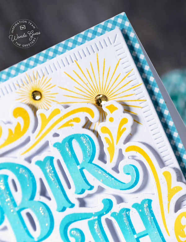 the greetery, the greetery stamps and dies, the greetery birthday ideas, birthday card ideas, the greetery party, the greetery, the greetery confetti encore collection, flourished phrases, the greetery four square tags birthday, the greetery celebration streamers, the greetery handmade cards, stencils, vintage, birthday party, wanda guess, a blog called wanda