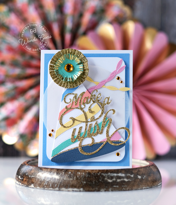 the greetery, the greetery stamps and dies, the greetery new release, confetti encore collection, the greetery award winning dies, the greetery inflated sentiments, the greetery honeycombs, the greetery balloons, the greetery party hat, the greetery what's the scoop, honeycomb balls, gingham, party, birthday, crafts, invitations, wanda guess, a blog called wanda